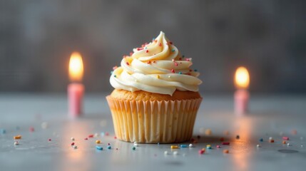 A single delightful cupcake, adorned with colorful sprinkles and creamy frosting, sits serenely between two softly glowing candles on a muted gray surface.