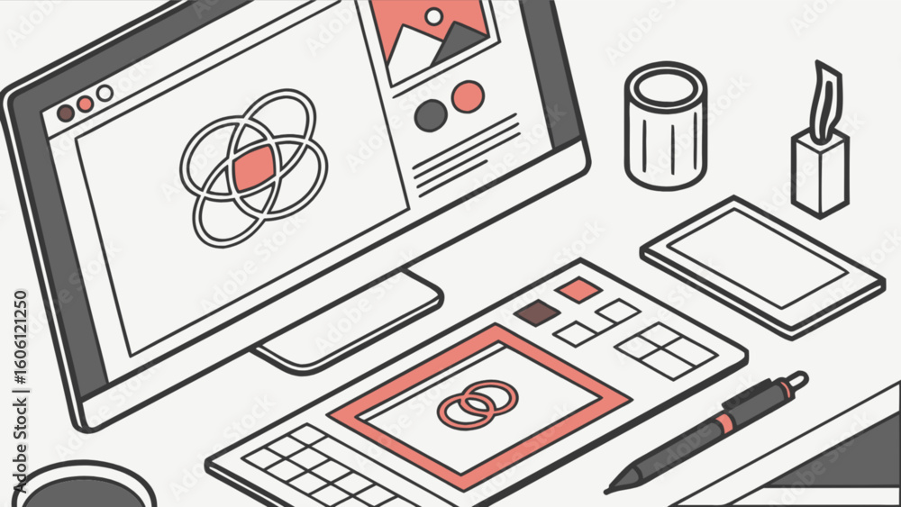 Poster isometric graphic design workspace setup with computer tablet and pen for creative professionals
