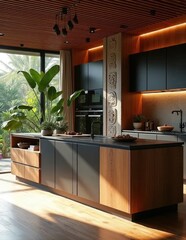 A modern kitchen with a carved stone column and mixed material cabinetry