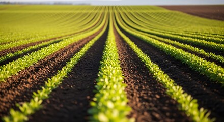 Rows of young plants in a cultivated field.