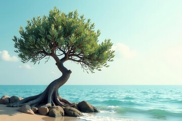 Serene Coastal Bonsai A solitary tree with intricate roots, gracefully positioned on a sandy shore, gently caressed by the tranquil ocean waves under a serene sky.
