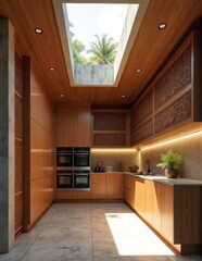A modern kitchen with carved wood panels a skylight and integrated ovens