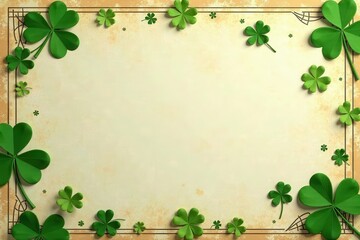 Antique Parchment Framed with Vibrant Green Shamrocks, Ideal for Festive Messages or Announcements