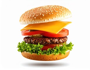 Deconstructed Burger with Floating Ingredients on White Background