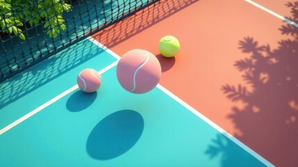 Pastel Tennis Balls on a Vibrant Court with Net and Shadow Play