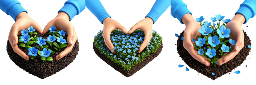 Hands Forming Heart Shape Planting Blue Flowers on Heart Shaped Bed of Soil on Transparent Background - Powered by Adobe
