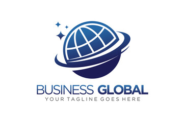Global business logo design featuring a stylized globe earth with ring, network connection vector illustration with stars element