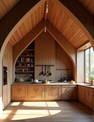 A modern kitchen with a large arched wooden ceiling and decorative lower cabinets