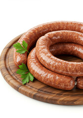 Lingui&ccedil;a crua em gomos grandes enrolada sobre prato de madeira