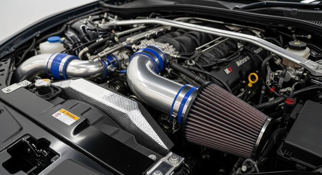 Close-up view of a car engine showcasing performance upgrades and components.