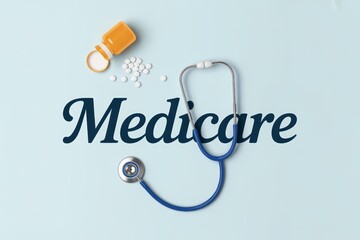 Medicare coverage concept with stethoscope pills and bottle on light blue background promoting health insurance plans and medical care for seniors