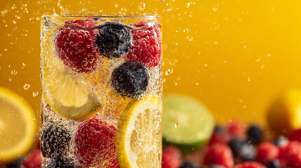 Collagen infused sparkling water with berries, citrus slices offers refreshing, low-calorie hydration for skin health. Fizzy drink with natural fruity flavors promotes wellness, vitality, making 