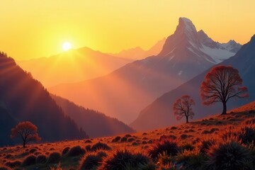 Golden Hour Majesty Sunrise Illuminates Majestic Mountain Peaks and Solitary Trees on a Serene Meadow