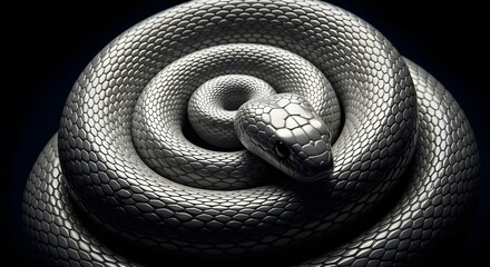 Fototapeta premium Regal Platinum Serpent: Striking Black and White Snake Coiled on a Dark Background
