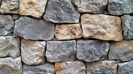 Obraz premium Natural stone wall texture made of uneven flat stones in earthy tones of gray and beige, forming a rugged architectural surface ideal for backgrounds, design, exterior and construction visuals