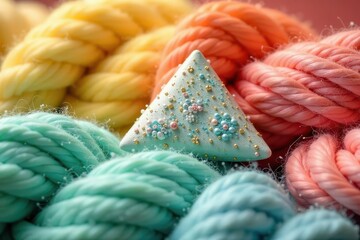 Decorative Pastel Triangle Ornament Adorned with Exquisite Beadwork, Nestled Amongst Soft, Colorful Yarn