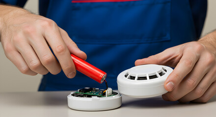 Hands Installing New Battery in White Smoke Detector Device for Fire Prevention and Safety in Cream Color Indoor Background