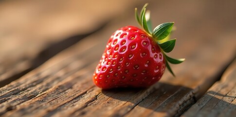 A single ripe strawberry rests on aged wood, illuminated by warm sunlight, showcasing its vibrant red hue and delicate texture.