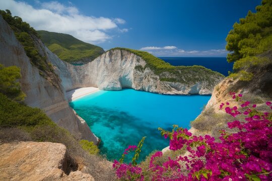 Navagio Beach Greece Breathtaking Turquoise Waters and White Cliffs Framed by Lush Greenery and Vibrant Pink Flowers a Mediterranean Paradise