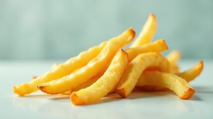Golden-brown French fries, crispy and delicious, arranged on a smooth, light surface, showcasing their appetizing texture and color