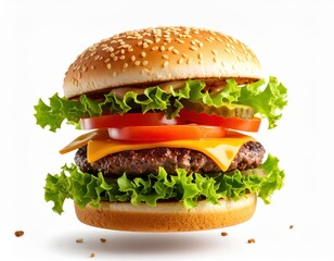 Delicious Hamburger with Beef Patty, Cheese, Lettuce, and Tomato on a Sesame Seed Bun, Isolated on White