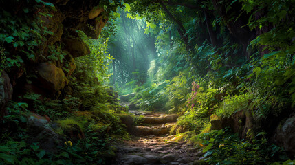 Magical forest path leading to glowing grotto. Rich greenery, soft ethereal light illuminates woodland scene. Fantasy adventure, nature exploration, eco tourism. Secret garden, fairy tale, enchanted 