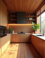 A contemporary kitchen with a tiled backsplash and wooden elements featuring open shelves and indoor plants