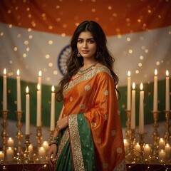 A young beautiful woman in Indian flag color saree in front of candle, Indian flag in backdrop