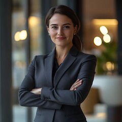 A businesswoman standing confidently in front of a well-lit office with her arms crossed, dressed in a charcoal suit with a slight smile. 
