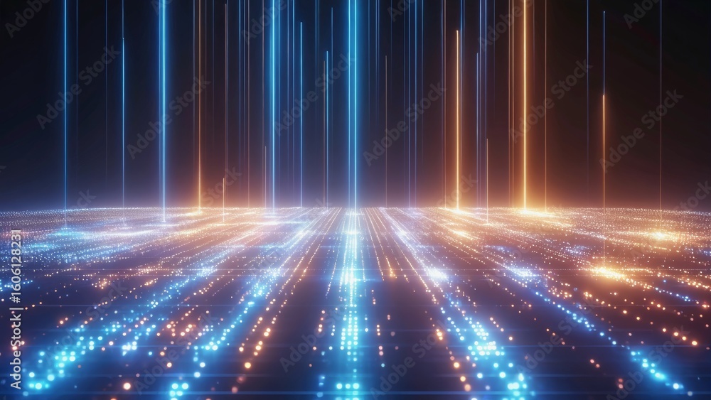 Poster bright glowing vertical lines of blue and orange light rising from a grid of digital particles, crea