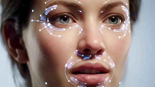 Woman's face with futuristic light tracking. Clear skin and captivating blue eyes