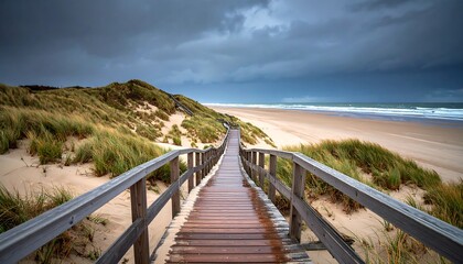 Coastal boardwalk under dramatic sky