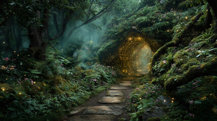Magical forest path leading to glowing grotto. Rich greenery, soft ethereal light illuminates woodland scene. Fantasy adventure, nature exploration, eco tourism. Secret garden, fairy tale, enchanted 