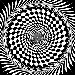 Black and white optical illusion vortex with checkerboard pattern abstract