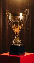 Golden trophy on a red podium.