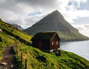 Coastal cabin nestled in mountains