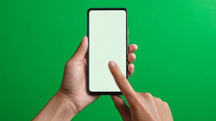 Two hands interact with a smartphone displaying a blank white screen against a vibrant green background, suggesting technology