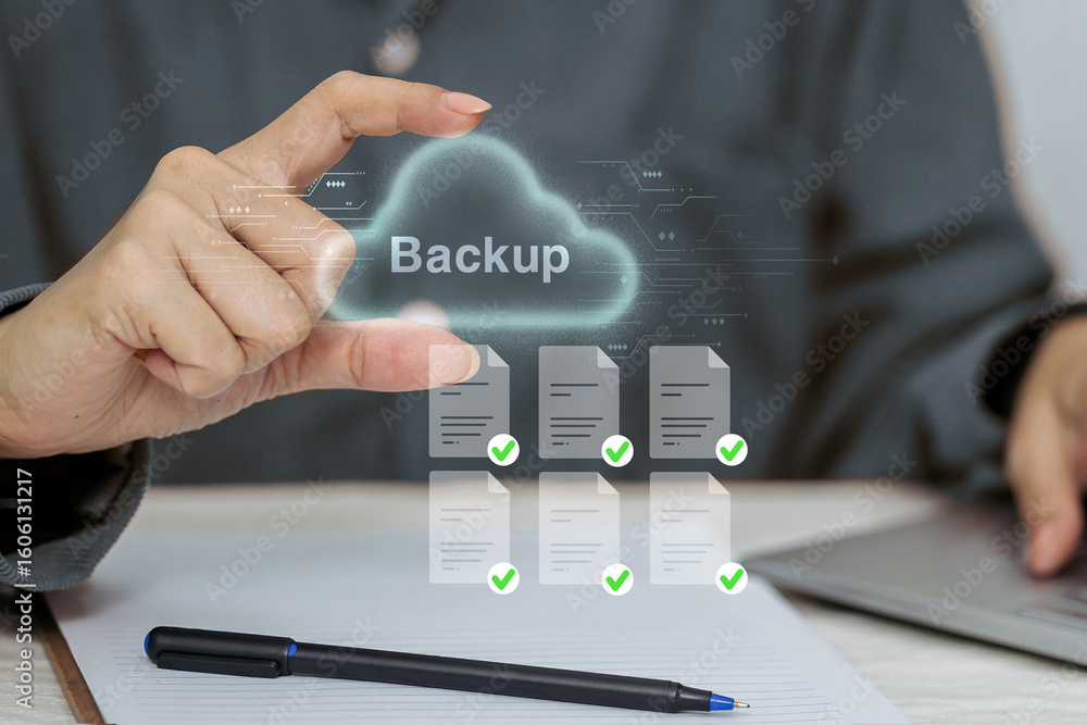 Poster cloud backup and file storage with digital check icons