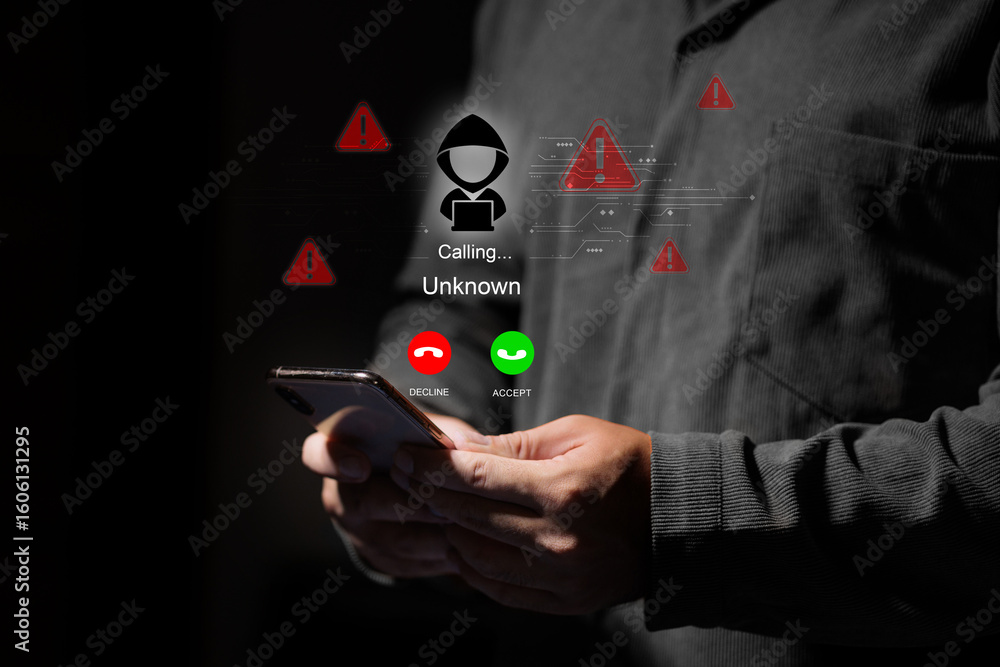 Poster hacker warning scam call incoming from unknown number on smartphone