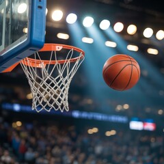 Orange basketball soaring towards net hoop court