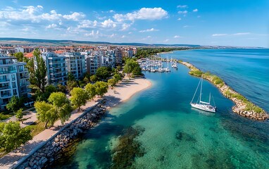 Coastal city marina with sailboat
