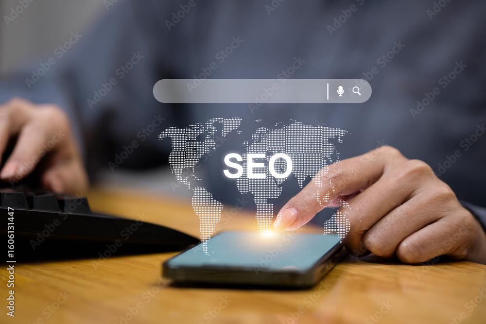 Poster digital seo optimization on smartphone with world map and search bar