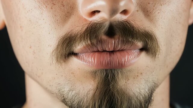 Close up portrait featuring a man's face with a goatee and well-defined lips