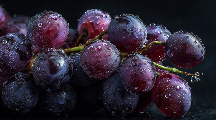 Dark Purple Grapes with Water Drops on Dark Background --