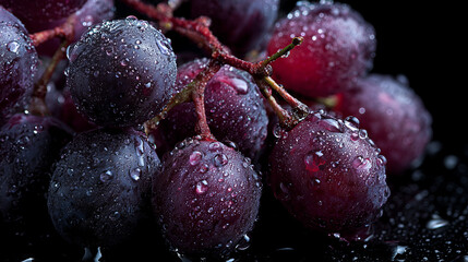 Dark Purple Grapes with Water Drops on Dark Background --