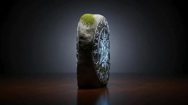 Glowing Rune Stone on Wooden Surface with Dark Background