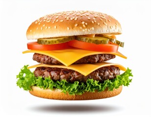 Delicious Double Cheeseburger with Fresh Ingredients Isolated on White Background