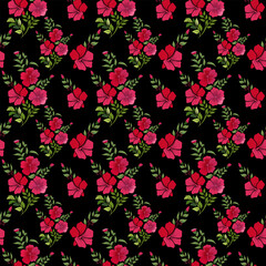 Hibiscus Floral Pattern on Black. A vibrant and elegant seamless pattern featuring blooming red and pink hibiscus flowers with lush green leaves on a striking black background.