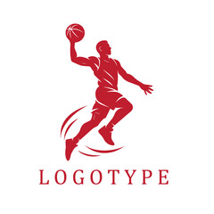 A bold monochrome logo featuring a male basketball player captured mid-slam dunk in silhouette style. The dynamic pose and clean lines emphasize speed, power, and athletic grace.