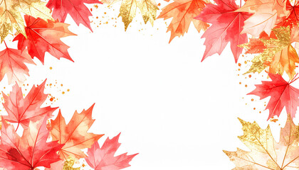 Fototapeta premium Corner design of falling red maple leaves in watercolor, creating a light and elegant frame.